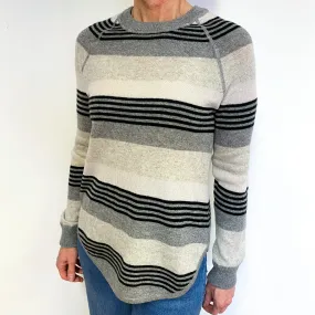 Black, Grey & Oatmeal Striped Cashmere Crew Neck Jumper Medium