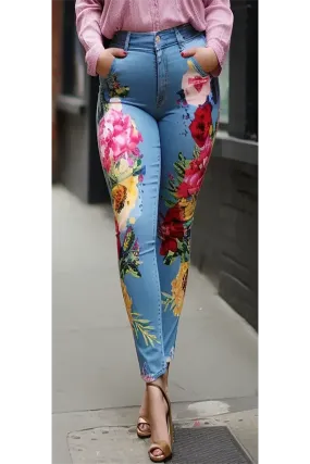 Floral Print Blue Flower Print Jeans