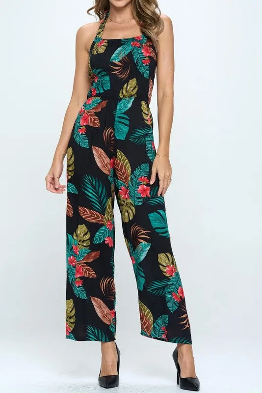 HALTER TROPICAL PRINT JUMPSUIT