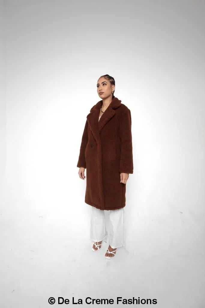 Jackie Double Breasted Borg Teddy Midi Coat