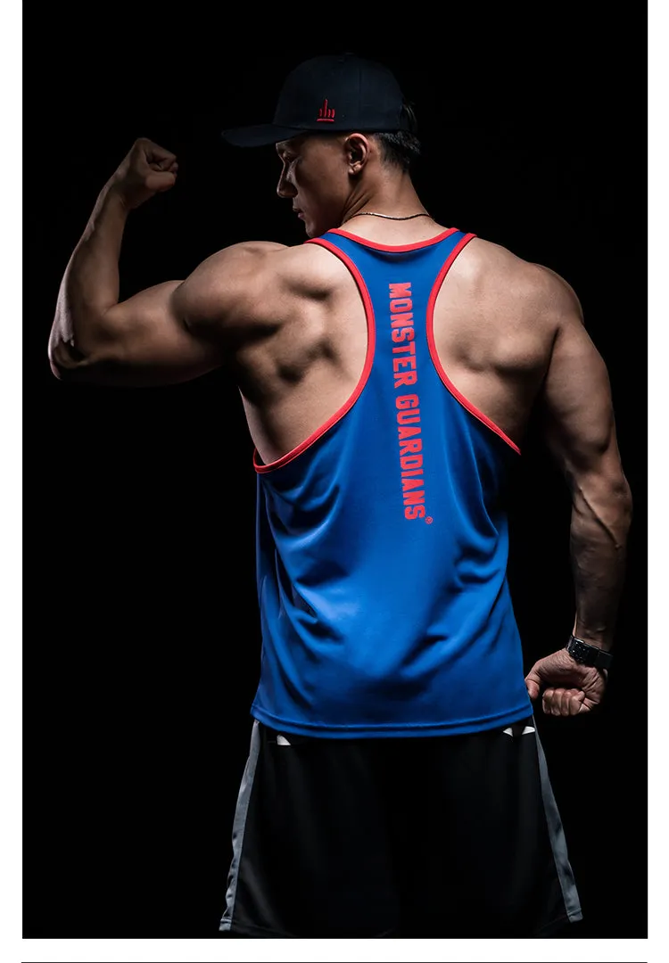 MONSTER GUARDIANS MUSCLE VEST IN RED TEXT PRINT