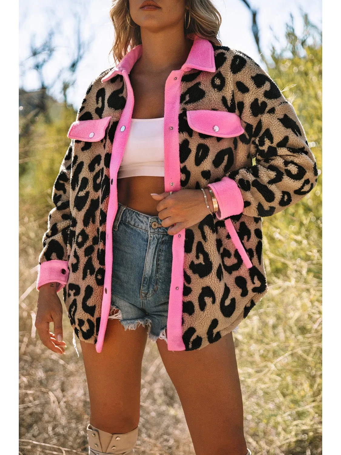 NicholesGifts Women Leopard Contrast Teddy Shacket with Pockets
