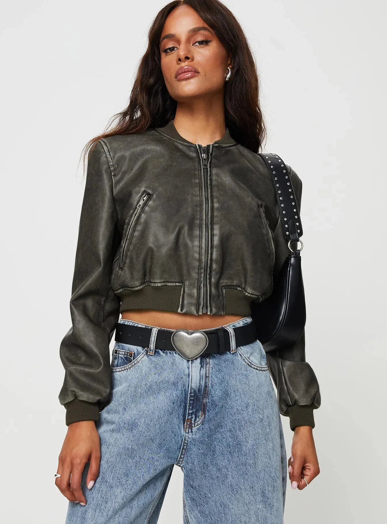 Stylish Women Charcoal Cropped Leather Jacket By TJS