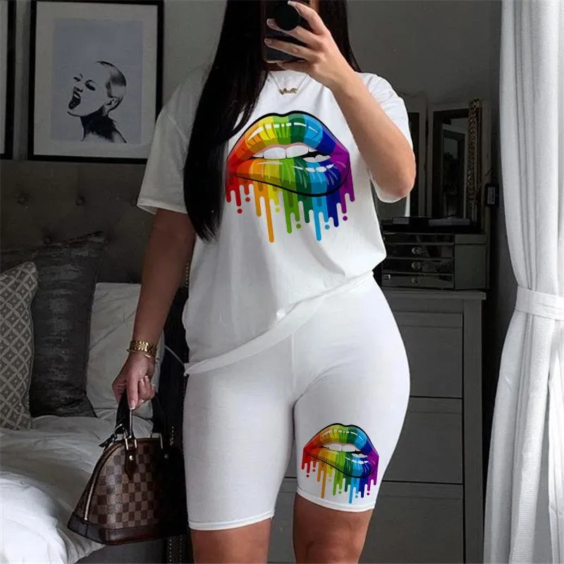 Women Two Piece Lips T Shirts And Shorts Summer Set