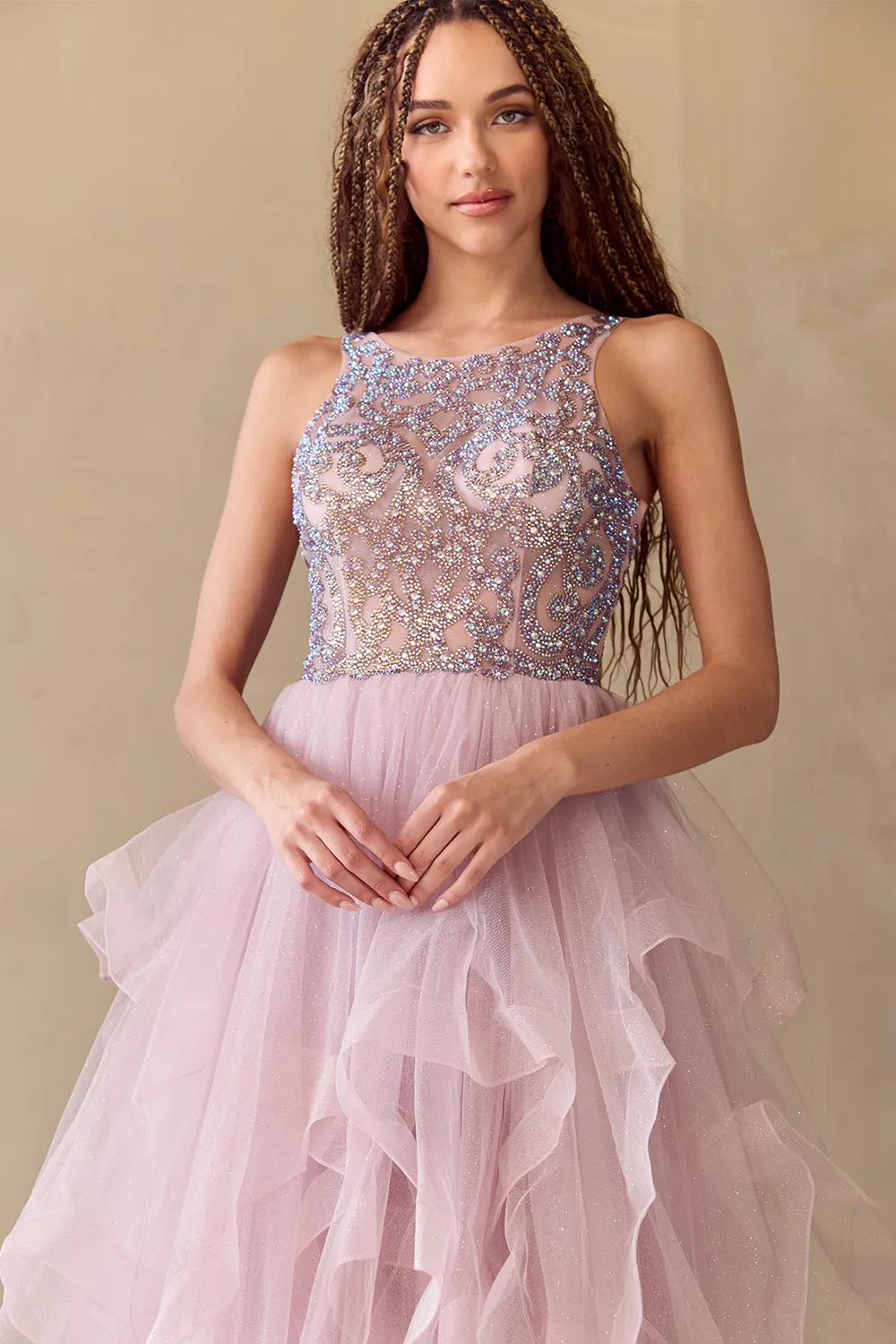 YAWAN Sequin Bodice Tulle Layered A Line Prom & Formal Dress